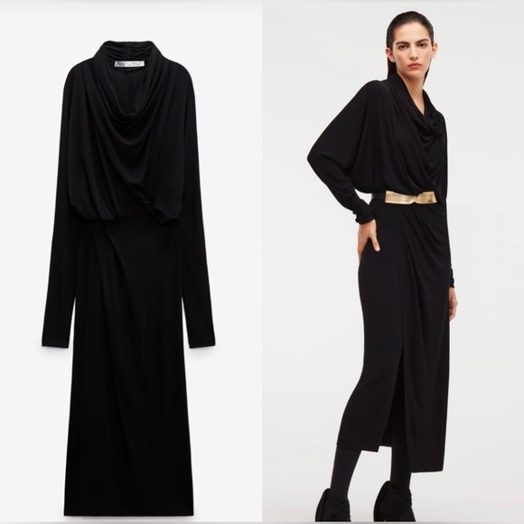 ZARA DRAPE MIDI DRESS LIMITED EDITION SIZE XS COLOR BLACK NWT - Picture 1 of 11